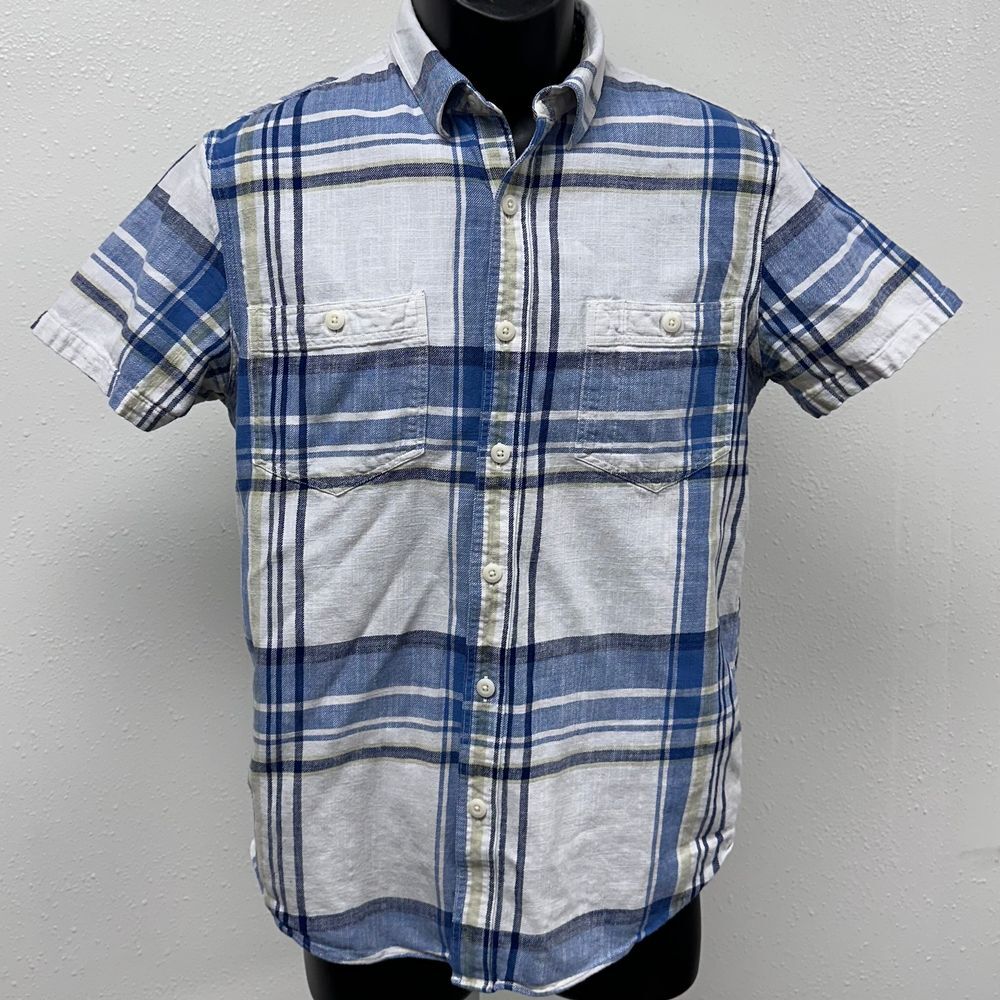 Lucky Brand Classic Fit White/Blue/Brown Button Down Short Sleeve‎ Size Small